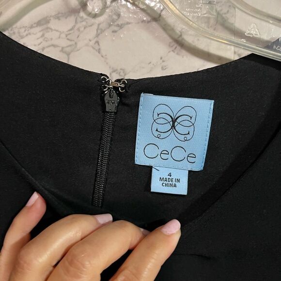 CECE Black 3/4 Sleeve Tie Cuffs Essential Classic Shift Knee Dress Size 4 - Picture 7 of 9